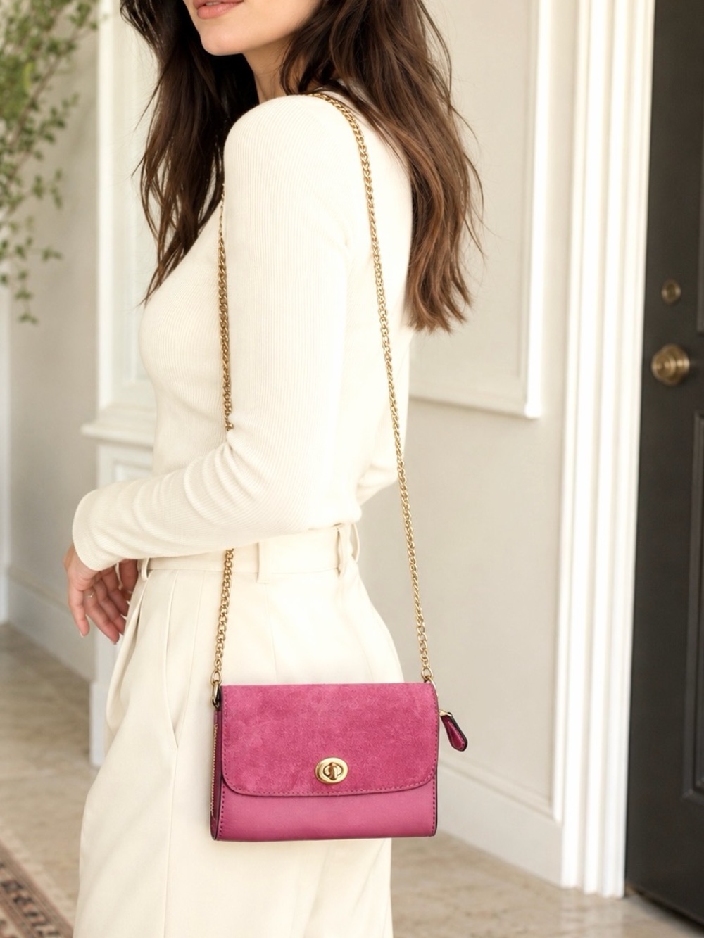 Coach Flap Phone Chain Crossbody Purse Bag Suede Leather Pink Gold RARE